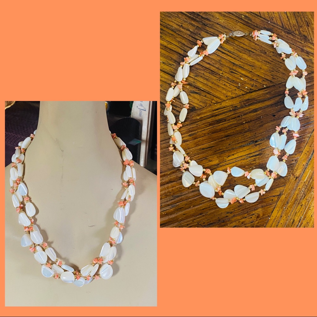 Vintage Mother Of Pearl Coral 3 Strand Necklace